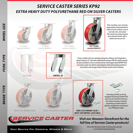 Service Caster 12 Inch Heavy Duty Red Poly on Cast Iron Caster Set with Brake and Swivel Lock SCC-KP92S1230-PUR-RS-SLB-BSL-4